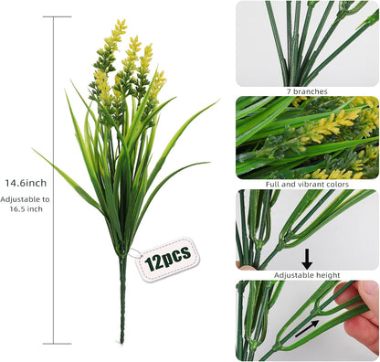 12 Bundles Artificial Grass Fake Plants Outdoor Yellow Fake Grass | 14.6",UV Resistant Greenery,Plastic Lavender Plants for Window Garden Office Patio Hanging Planter Pathway Front Porch Décor