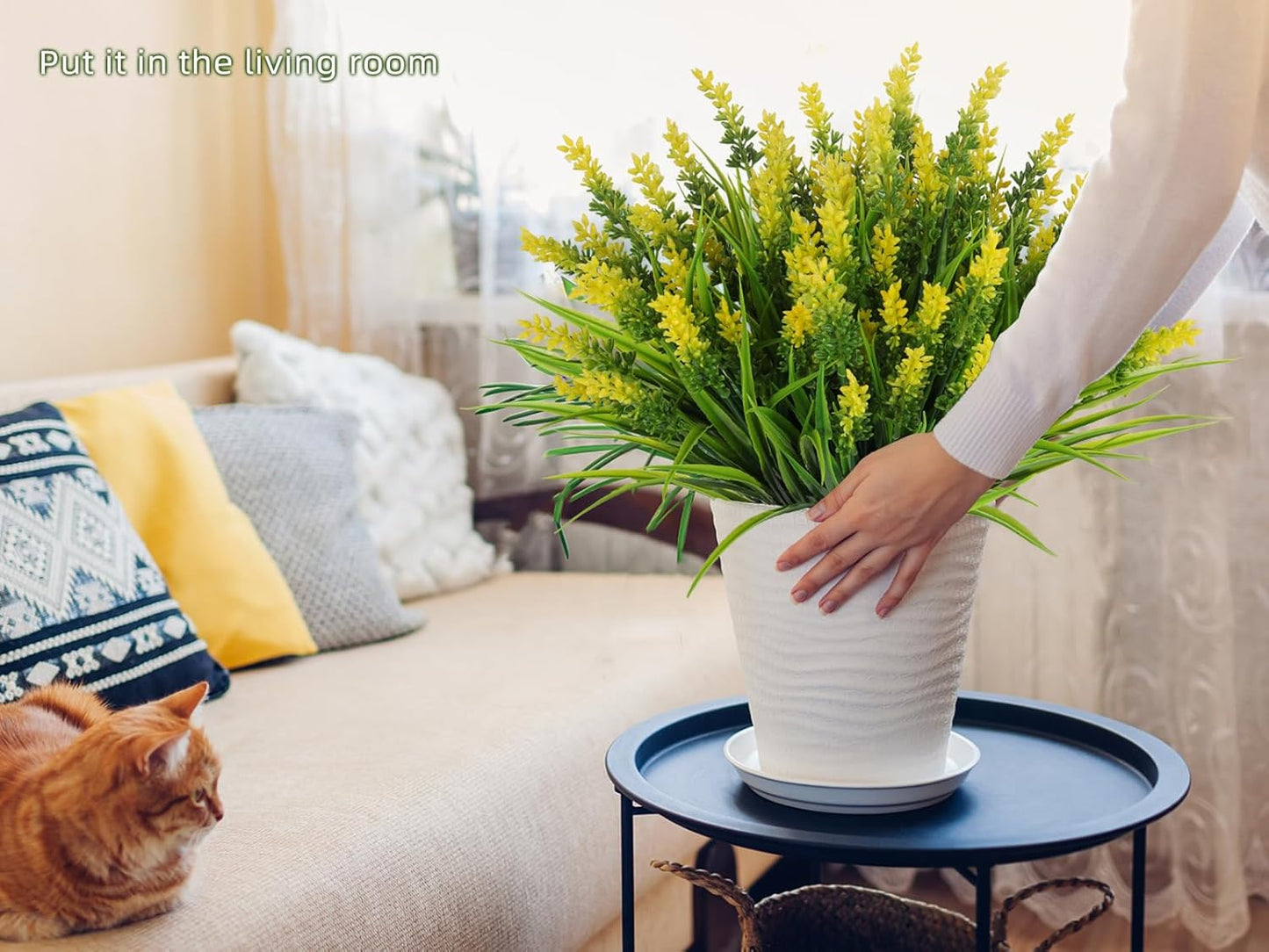 12 Bundles Artificial Grass Fake Plants Outdoor Yellow Fake Grass | 14.6",UV Resistant Greenery,Plastic Lavender Plants for Window Garden Office Patio Hanging Planter Pathway Front Porch Décor