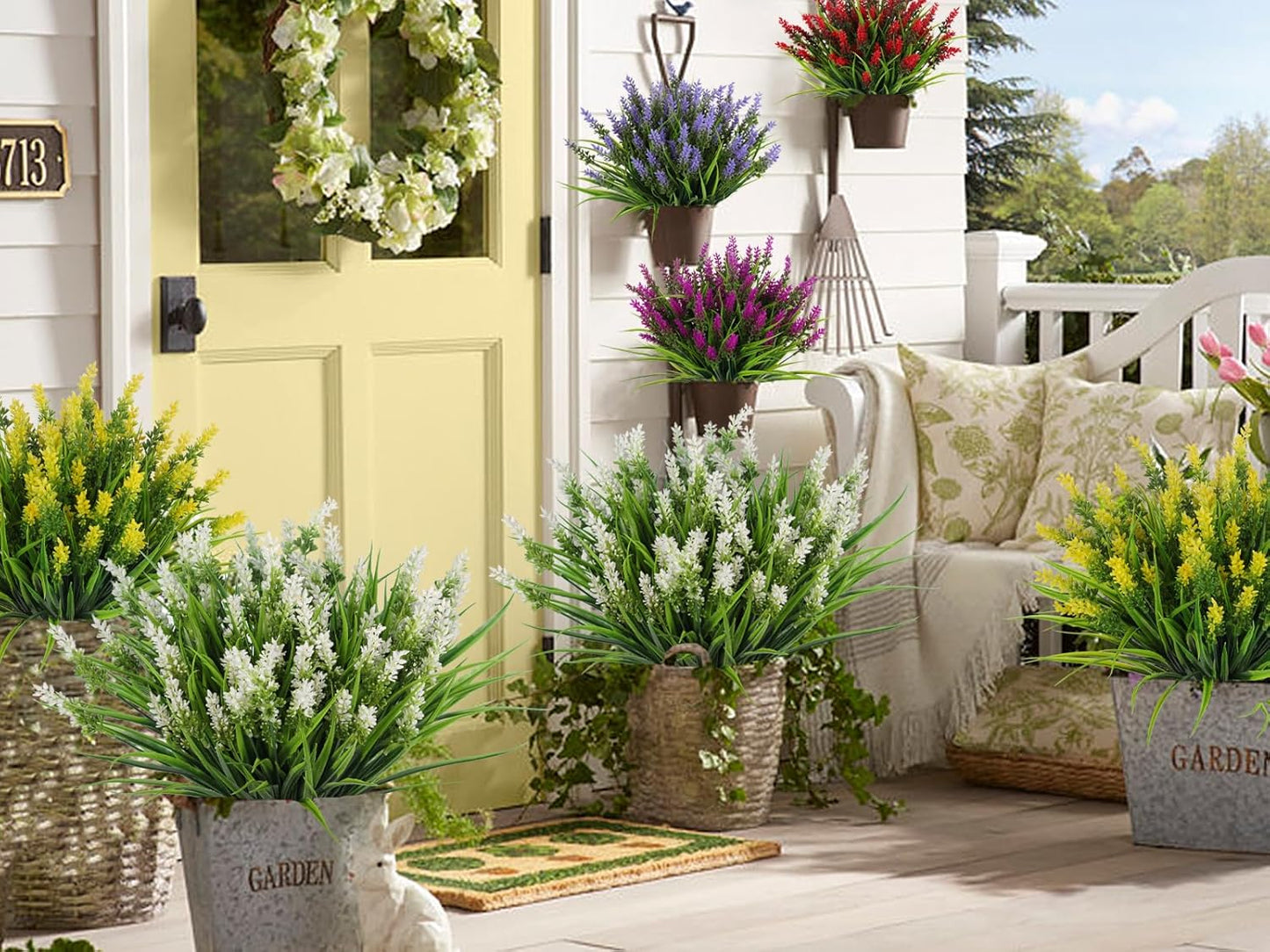12 Bundles Artificial Grass Fake Plants Outdoor Yellow Fake Grass | 14.6",UV Resistant Greenery,Plastic Lavender Plants for Window Garden Office Patio Hanging Planter Pathway Front Porch Décor