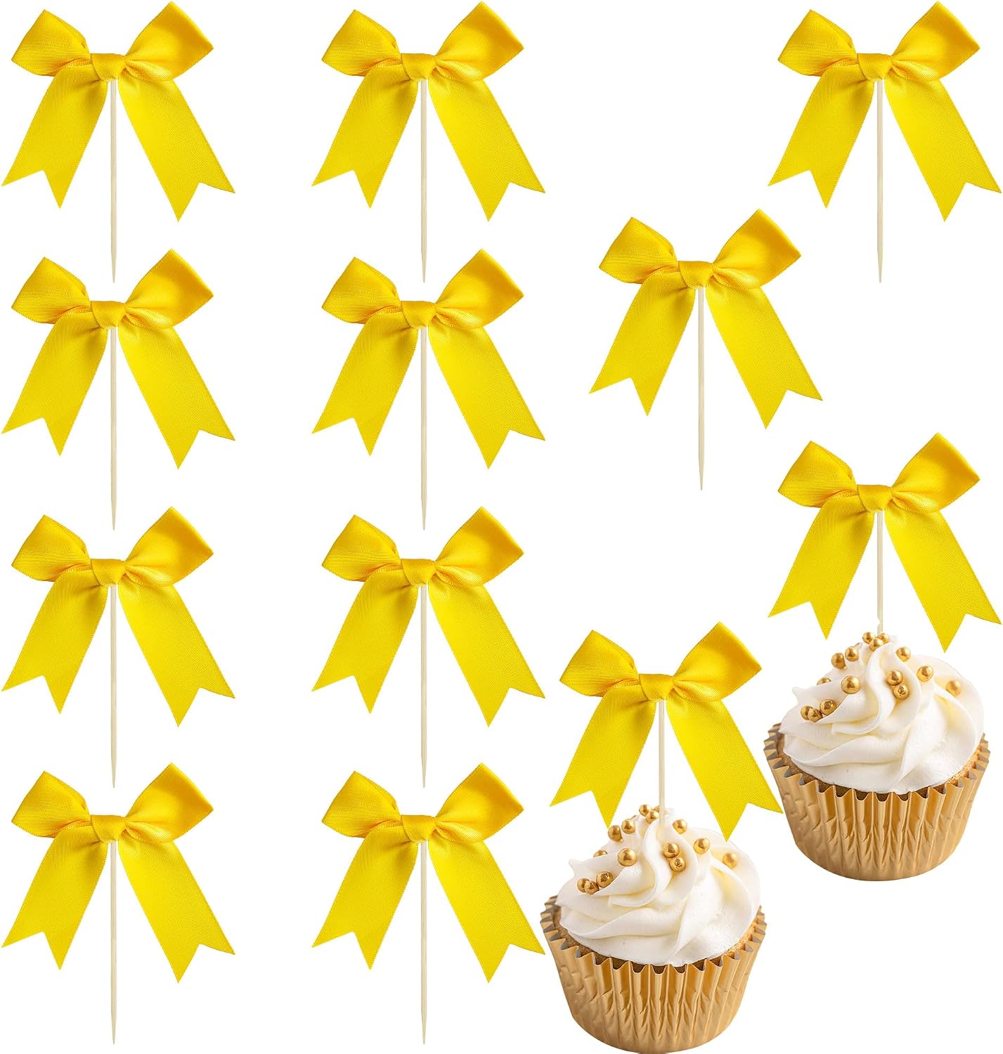 24Pcs Yellow Bow Cupcake Toppers Bow Cake Topper Birthday Decorations Mini Bowknot Cupcake Picks for Coquette Theme Party Decoration Bachelorette Bridal Engagement Wedding Party Yellow