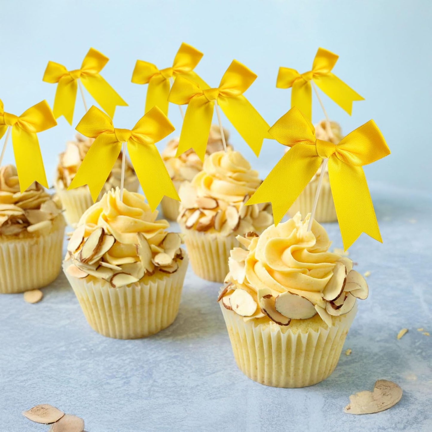 24Pcs Yellow Bow Cupcake Toppers Bow Cake Topper Birthday Decorations Mini Bowknot Cupcake Picks for Coquette Theme Party Decoration Bachelorette Bridal Engagement Wedding Party Yellow