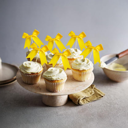 24Pcs Yellow Bow Cupcake Toppers Bow Cake Topper Birthday Decorations Mini Bowknot Cupcake Picks for Coquette Theme Party Decoration Bachelorette Bridal Engagement Wedding Party Yellow