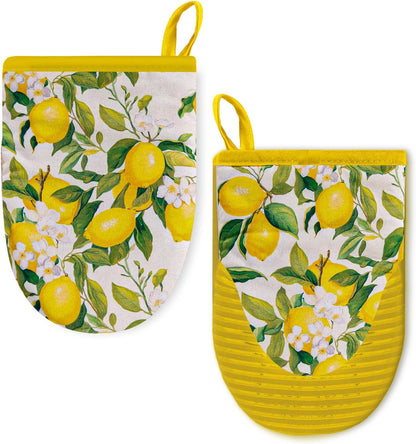 2 Pcs Oven Mitts Non-Slip Cotton Mitts Set for Kitchen Baking Cooking,5.5"x8.5"，Yellow Lemons On A Light Background