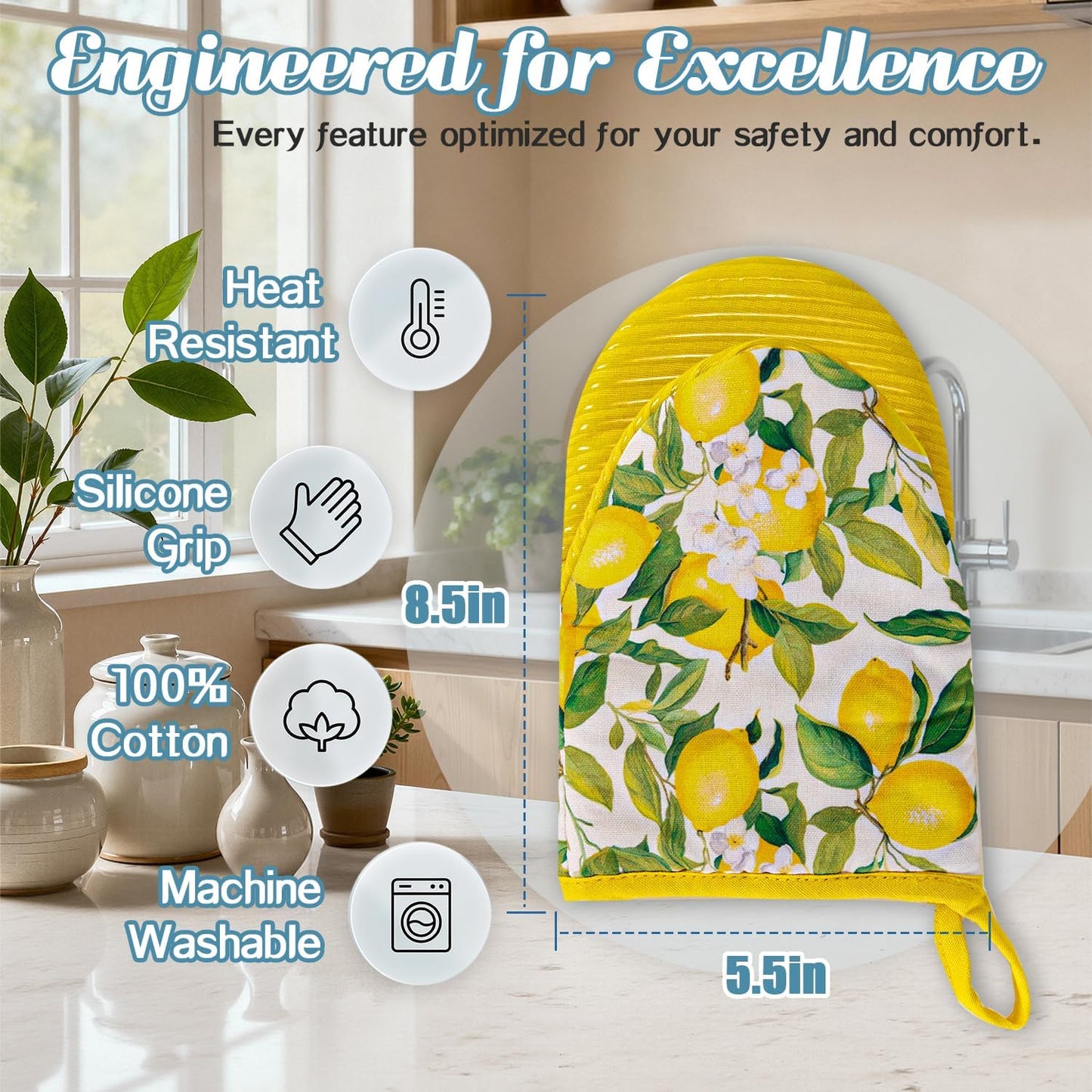 2 Pcs Oven Mitts Non-Slip Cotton Mitts Set for Kitchen Baking Cooking,5.5"x8.5"，Yellow Lemons On A Light Background