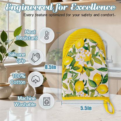 2 Pcs Oven Mitts Non-Slip Cotton Mitts Set for Kitchen Baking Cooking,5.5"x8.5"，Yellow Lemons On A Light Background