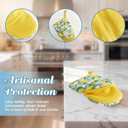 2 Pcs Oven Mitts Non-Slip Cotton Mitts Set for Kitchen Baking Cooking,5.5"x8.5"，Yellow Lemons On A Light Background