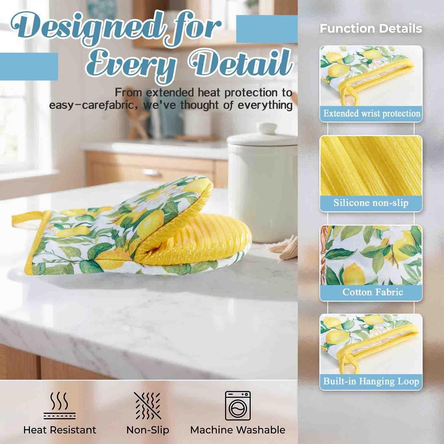 2 Pcs Oven Mitts Non-Slip Cotton Mitts Set for Kitchen Baking Cooking,5.5"x8.5"，Yellow Lemons On A Light Background
