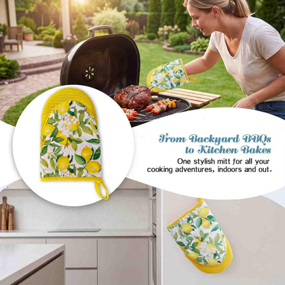 2 Pcs Oven Mitts Non-Slip Cotton Mitts Set for Kitchen Baking Cooking,5.5"x8.5"，Yellow Lemons On A Light Background