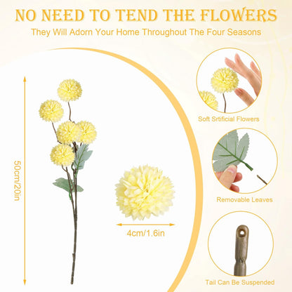 INQCMY Artificial Silk Mums 20" Faux Stem Kiku Flowers for Vase Home Decor | 12 Pcs Fake Chrysanthemums Yellow Fall Flower, Realistic Pompon Balls for Indoor Living Room Thanksgiving Table Centerpieces