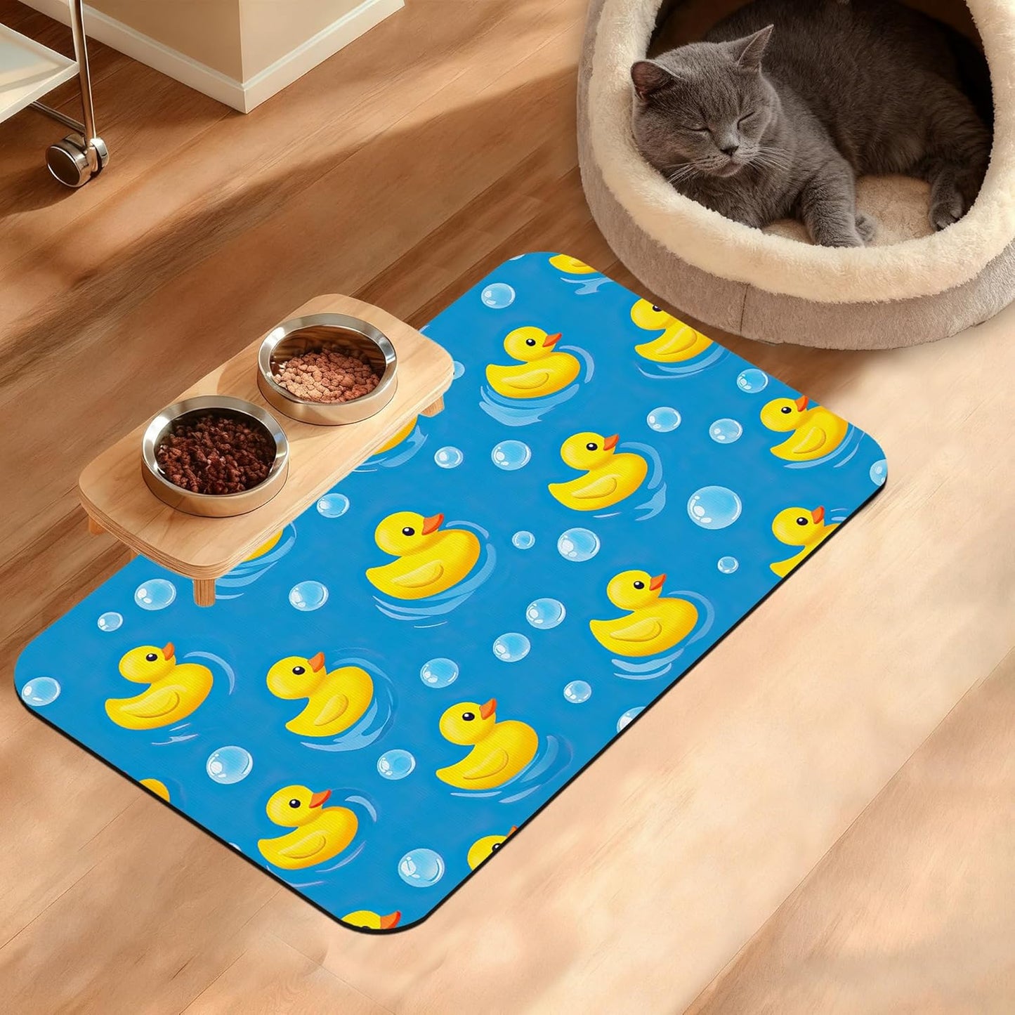 Yellow Rubber Ducks Dog Food Mat,Soap Bubbles Absorbent Pet Feeding Mat for Food and Water Bowl,Quick Dry Dog Placemat Non Slip Rubber Backing Waterproof Pet Supplies 12" x 20"