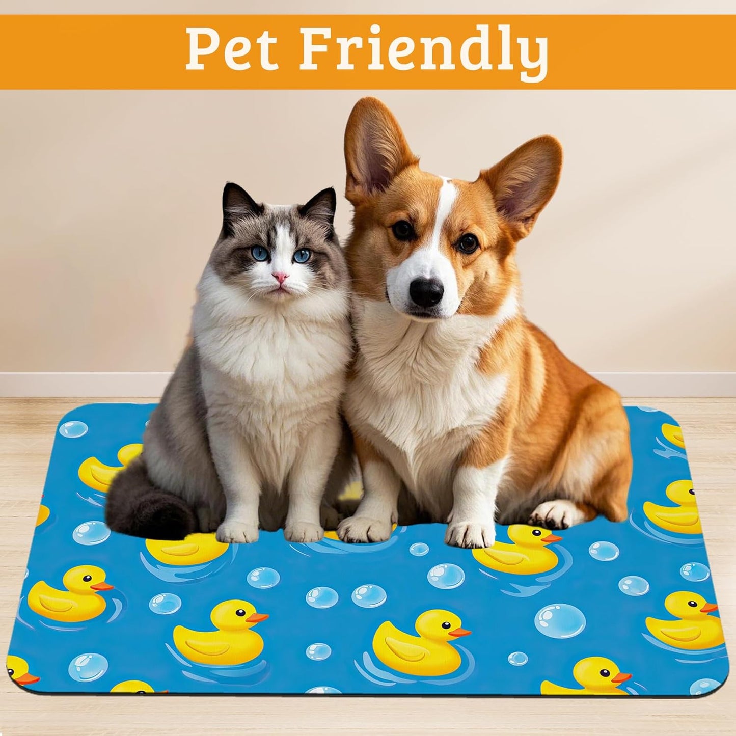 Yellow Rubber Ducks Dog Food Mat,Soap Bubbles Absorbent Pet Feeding Mat for Food and Water Bowl,Quick Dry Dog Placemat Non Slip Rubber Backing Waterproof Pet Supplies 12" x 20"