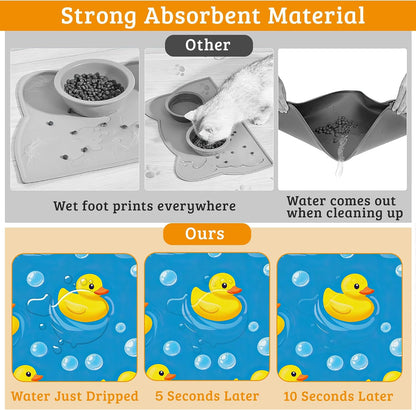 Yellow Rubber Ducks Dog Food Mat,Soap Bubbles Absorbent Pet Feeding Mat for Food and Water Bowl,Quick Dry Dog Placemat Non Slip Rubber Backing Waterproof Pet Supplies 12" x 20"