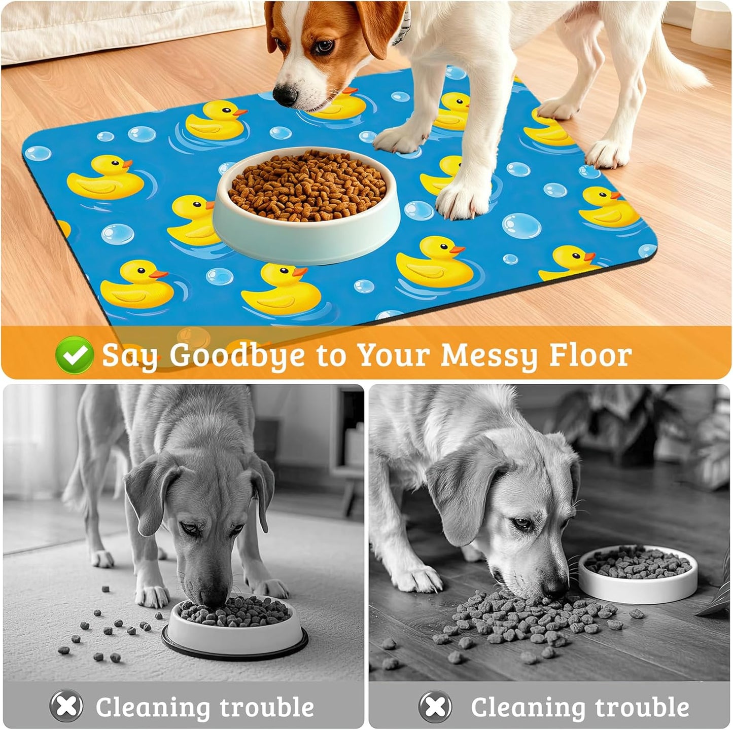 Yellow Rubber Ducks Dog Food Mat,Soap Bubbles Absorbent Pet Feeding Mat for Food and Water Bowl,Quick Dry Dog Placemat Non Slip Rubber Backing Waterproof Pet Supplies 12" x 20"