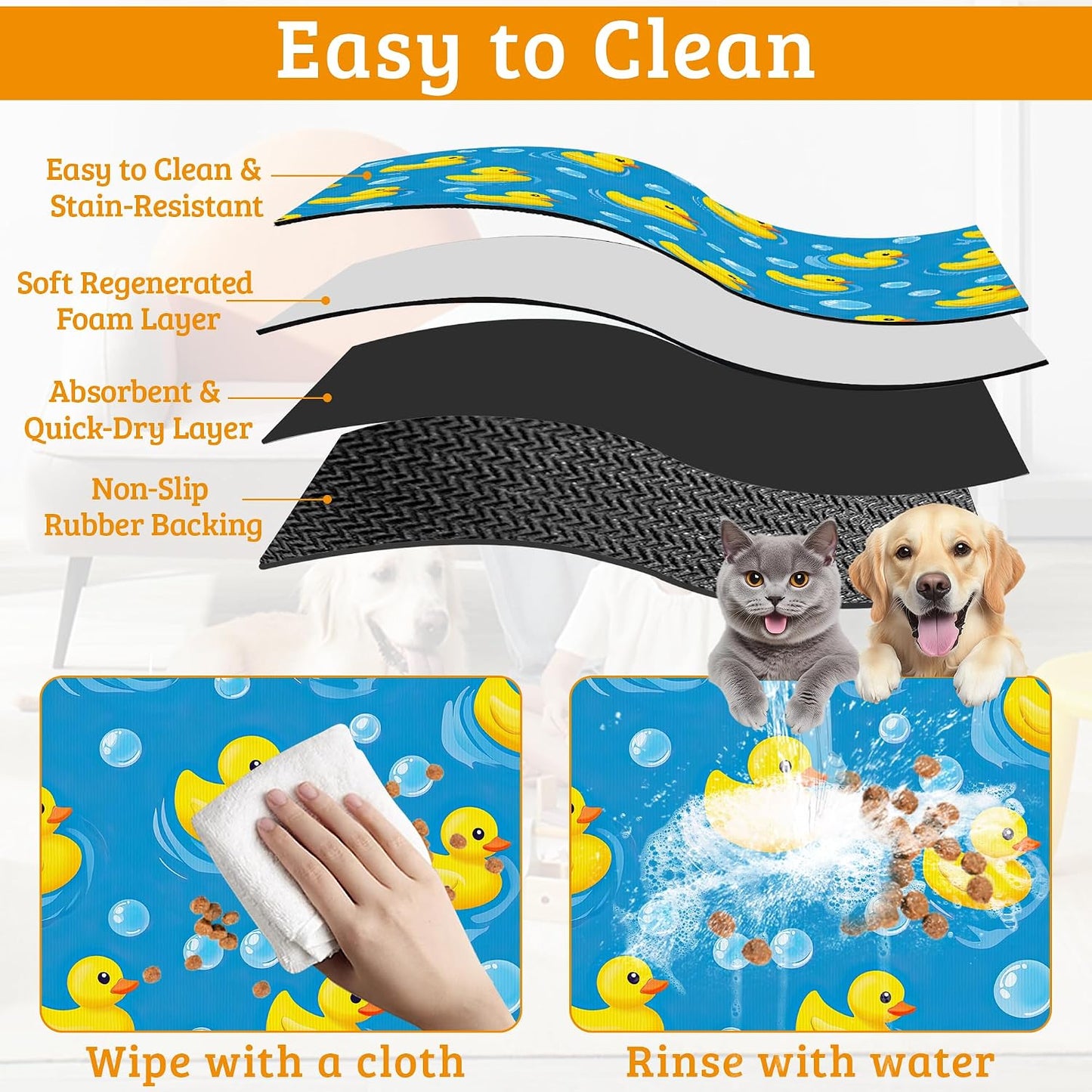 Yellow Rubber Ducks Dog Food Mat,Soap Bubbles Absorbent Pet Feeding Mat for Food and Water Bowl,Quick Dry Dog Placemat Non Slip Rubber Backing Waterproof Pet Supplies 12" x 20"