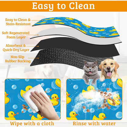 Yellow Rubber Ducks Dog Food Mat,Soap Bubbles Absorbent Pet Feeding Mat for Food and Water Bowl,Quick Dry Dog Placemat Non Slip Rubber Backing Waterproof Pet Supplies 12" x 20"