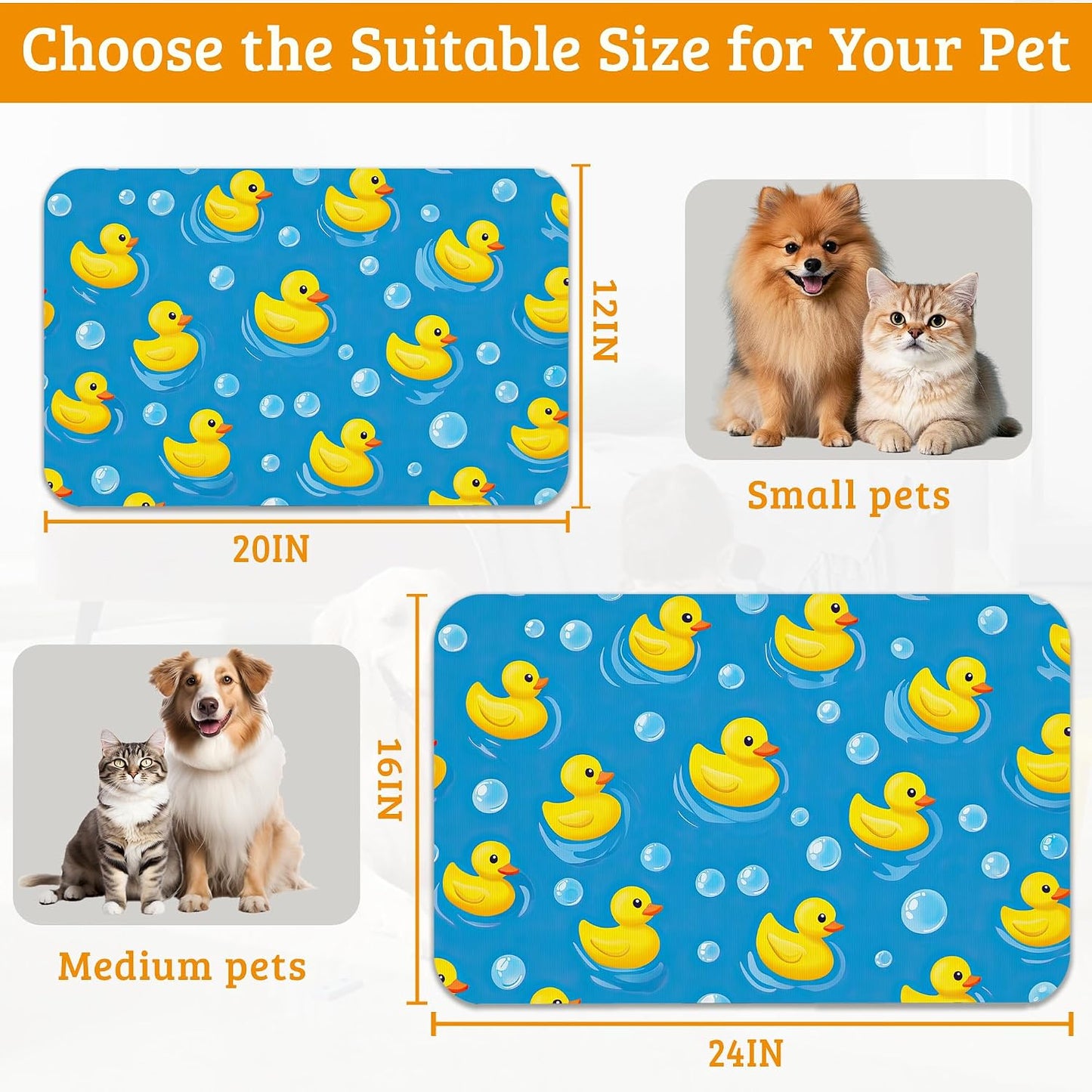 Yellow Rubber Ducks Dog Food Mat,Soap Bubbles Absorbent Pet Feeding Mat for Food and Water Bowl,Quick Dry Dog Placemat Non Slip Rubber Backing Waterproof Pet Supplies 12" x 20"