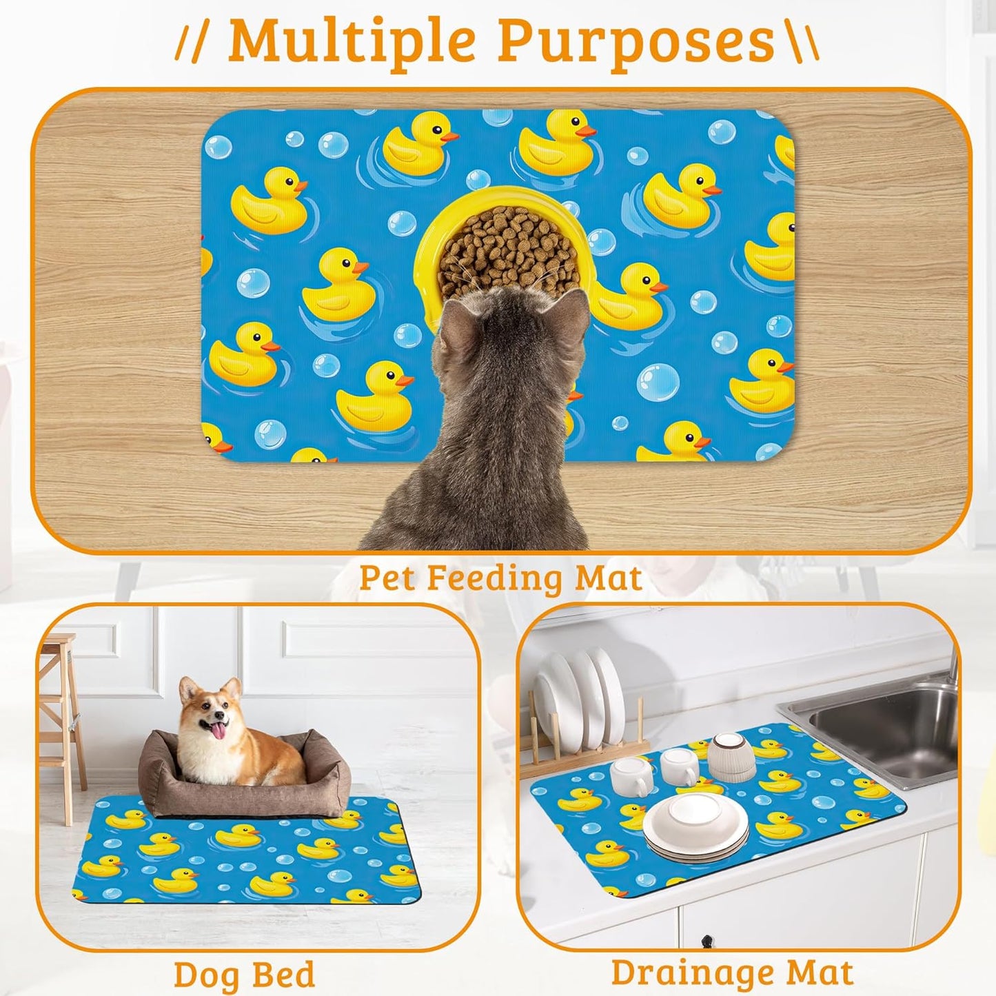 Yellow Rubber Ducks Dog Food Mat,Soap Bubbles Absorbent Pet Feeding Mat for Food and Water Bowl,Quick Dry Dog Placemat Non Slip Rubber Backing Waterproof Pet Supplies 12" x 20"
