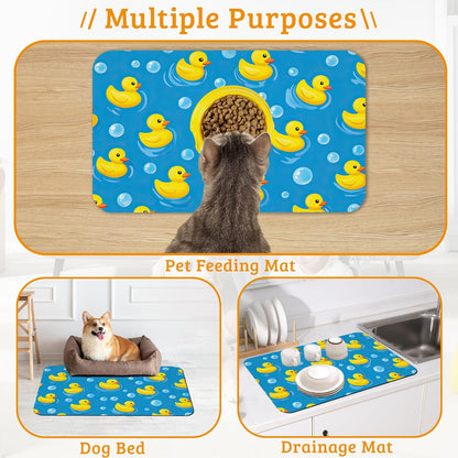 Yellow Rubber Ducks Dog Food Mat,Soap Bubbles Absorbent Pet Feeding Mat for Food and Water Bowl,Quick Dry Dog Placemat Non Slip Rubber Backing Waterproof Pet Supplies 12" x 20"