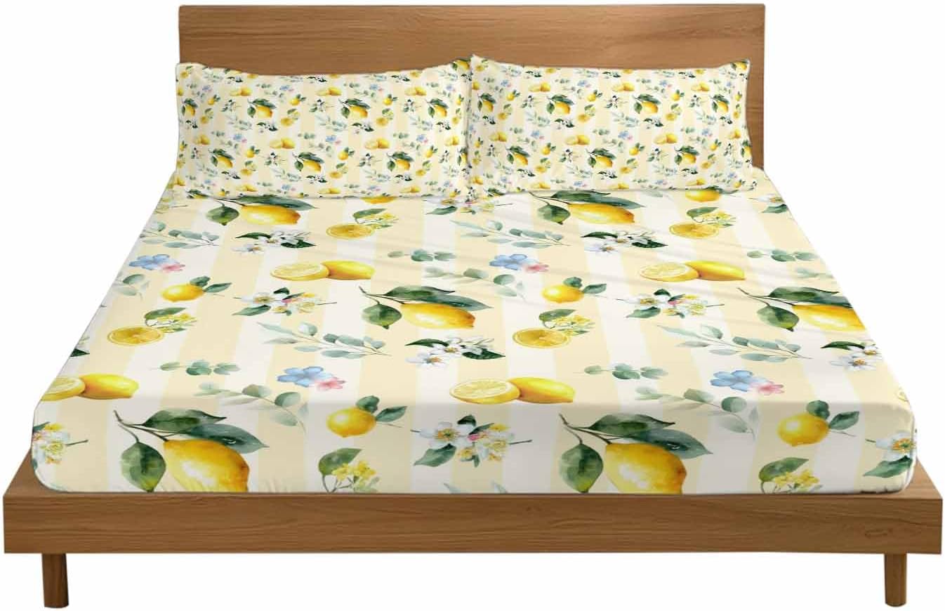 3 Pieces Twin Fitted Sheet Set, Summer Lemon Leaves Flower Deep Pocket Up to 16", Watercolor Yellow Stripes Soft Elastic Bed Sheets and Pillow Cases Secure Fit