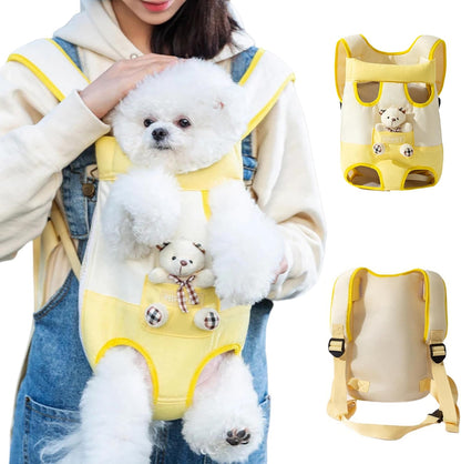 Cartoon Dog Front Carrier Backpack Legs Out Bear Pet Travel Sling Bag Adjustable Shoulder Straps Safety Leash Breathable Canvas Mesh (Yellow, Medium)
