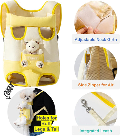 Cartoon Dog Front Carrier Backpack Legs Out Bear Pet Travel Sling Bag Adjustable Shoulder Straps Safety Leash Breathable Canvas Mesh (Yellow, Medium)