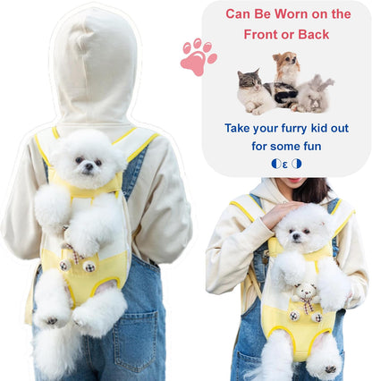Cartoon Dog Front Carrier Backpack Legs Out Bear Pet Travel Sling Bag Adjustable Shoulder Straps Safety Leash Breathable Canvas Mesh (Yellow, Medium)
