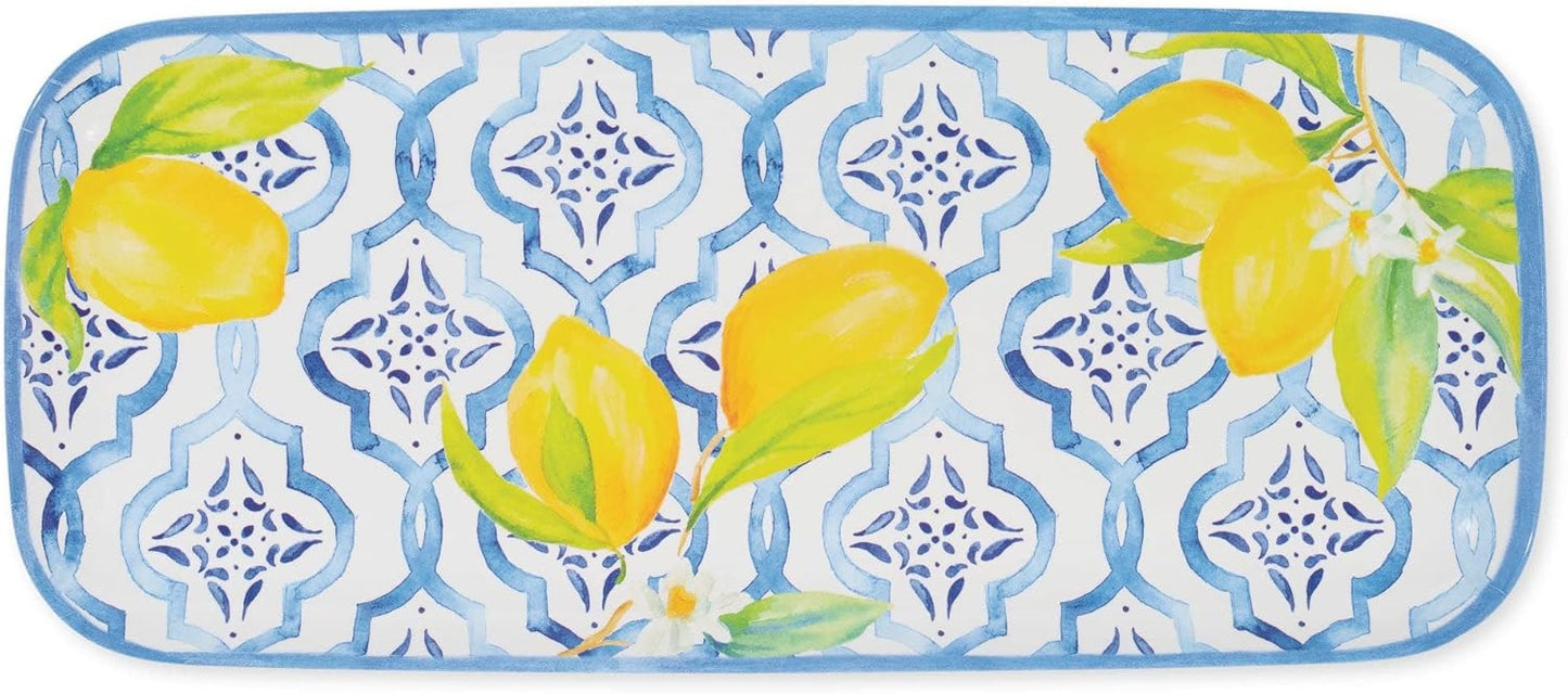 Lovely Lemons Melamine Serving Tray, 15 x 6.5 Inch Rectangular Serving Platter, BPA Free Food Tray for Party Entertaining