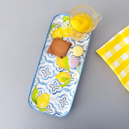 Lovely Lemons Melamine Serving Tray, 15 x 6.5 Inch Rectangular Serving Platter, BPA Free Food Tray for Party Entertaining