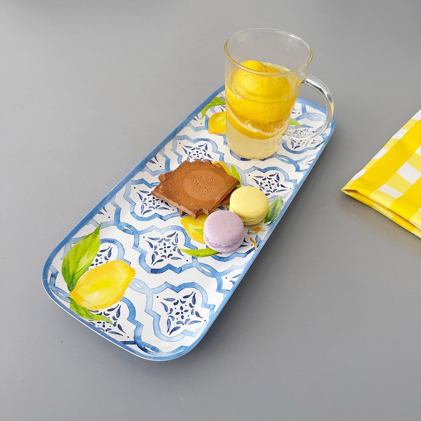 Lovely Lemons Melamine Serving Tray, 15 x 6.5 Inch Rectangular Serving Platter, BPA Free Food Tray for Party Entertaining