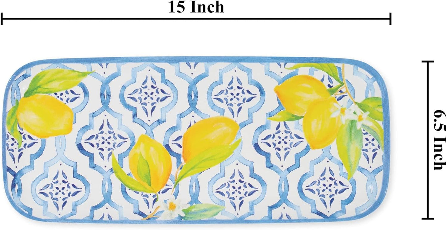 Lovely Lemons Melamine Serving Tray, 15 x 6.5 Inch Rectangular Serving Platter, BPA Free Food Tray for Party Entertaining