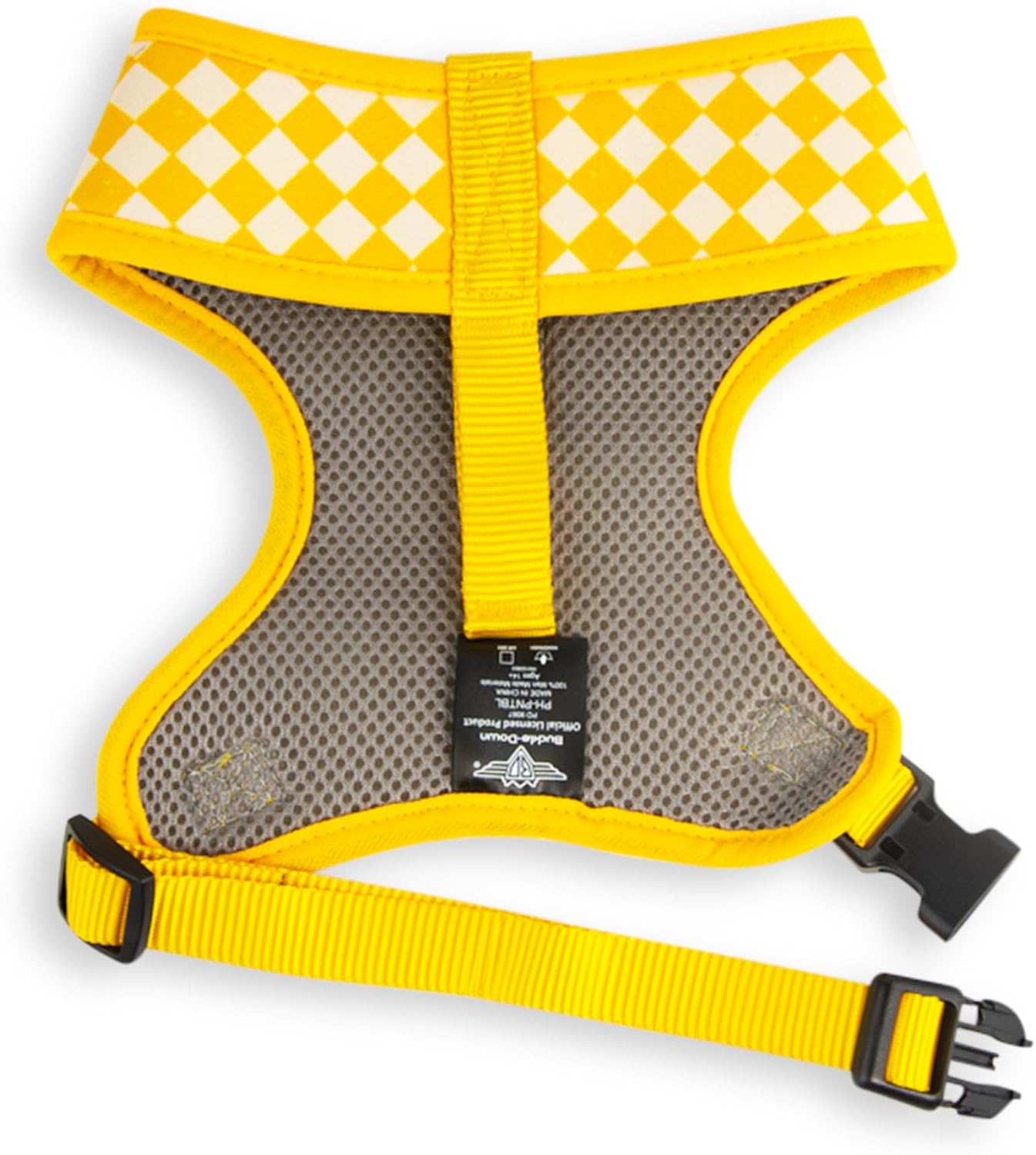 Peanuts Pet Harness, Dog Collar Plastic Buckle, Peanuts Snoopy Flexing Pose Checker Yellow White, Fits Dog with 15" Neck Size and 19-29" Chest Girth