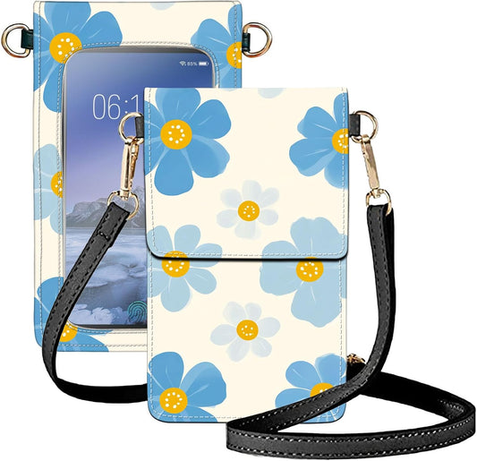 Crossbody Phone Case, Blue Flowers with Yellow Centers RFID Blocking Crossbody Bag with Card Slots & Phone Holder, Waterproof Anti-Theft Touch Screen Phone Purse for Women