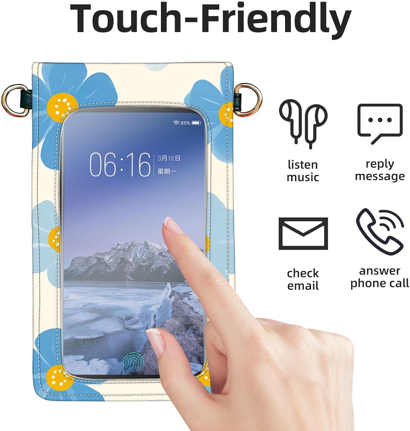 Crossbody Phone Case, Blue Flowers with Yellow Centers RFID Blocking Crossbody Bag with Card Slots & Phone Holder, Waterproof Anti-Theft Touch Screen Phone Purse for Women