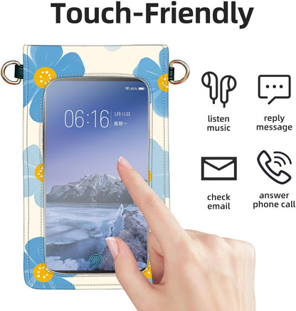 Crossbody Phone Case, Blue Flowers with Yellow Centers RFID Blocking Crossbody Bag with Card Slots & Phone Holder, Waterproof Anti-Theft Touch Screen Phone Purse for Women