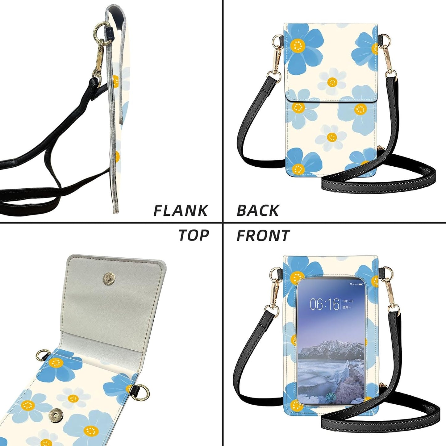 Crossbody Phone Case, Blue Flowers with Yellow Centers RFID Blocking Crossbody Bag with Card Slots & Phone Holder, Waterproof Anti-Theft Touch Screen Phone Purse for Women