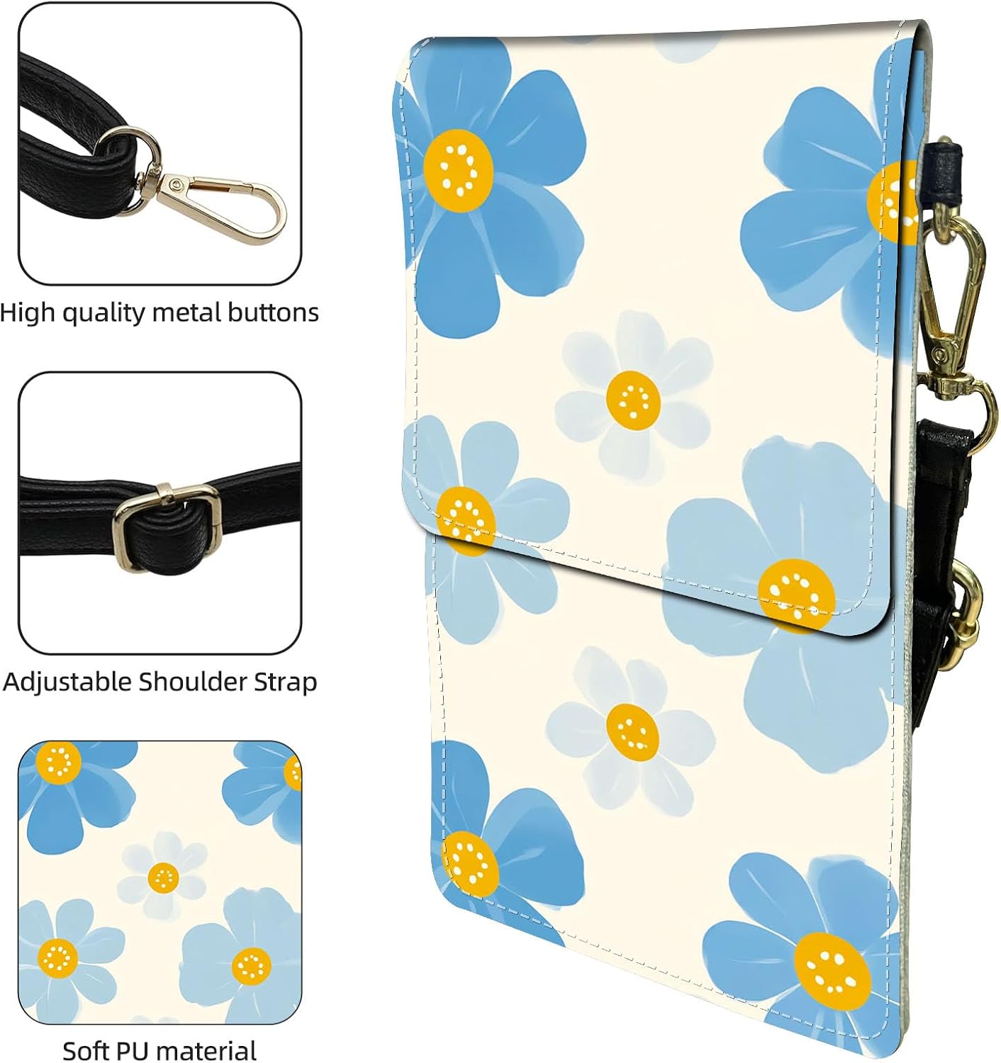 Crossbody Phone Case, Blue Flowers with Yellow Centers RFID Blocking Crossbody Bag with Card Slots & Phone Holder, Waterproof Anti-Theft Touch Screen Phone Purse for Women