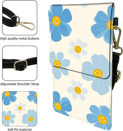 Crossbody Phone Case, Blue Flowers with Yellow Centers RFID Blocking Crossbody Bag with Card Slots & Phone Holder, Waterproof Anti-Theft Touch Screen Phone Purse for Women