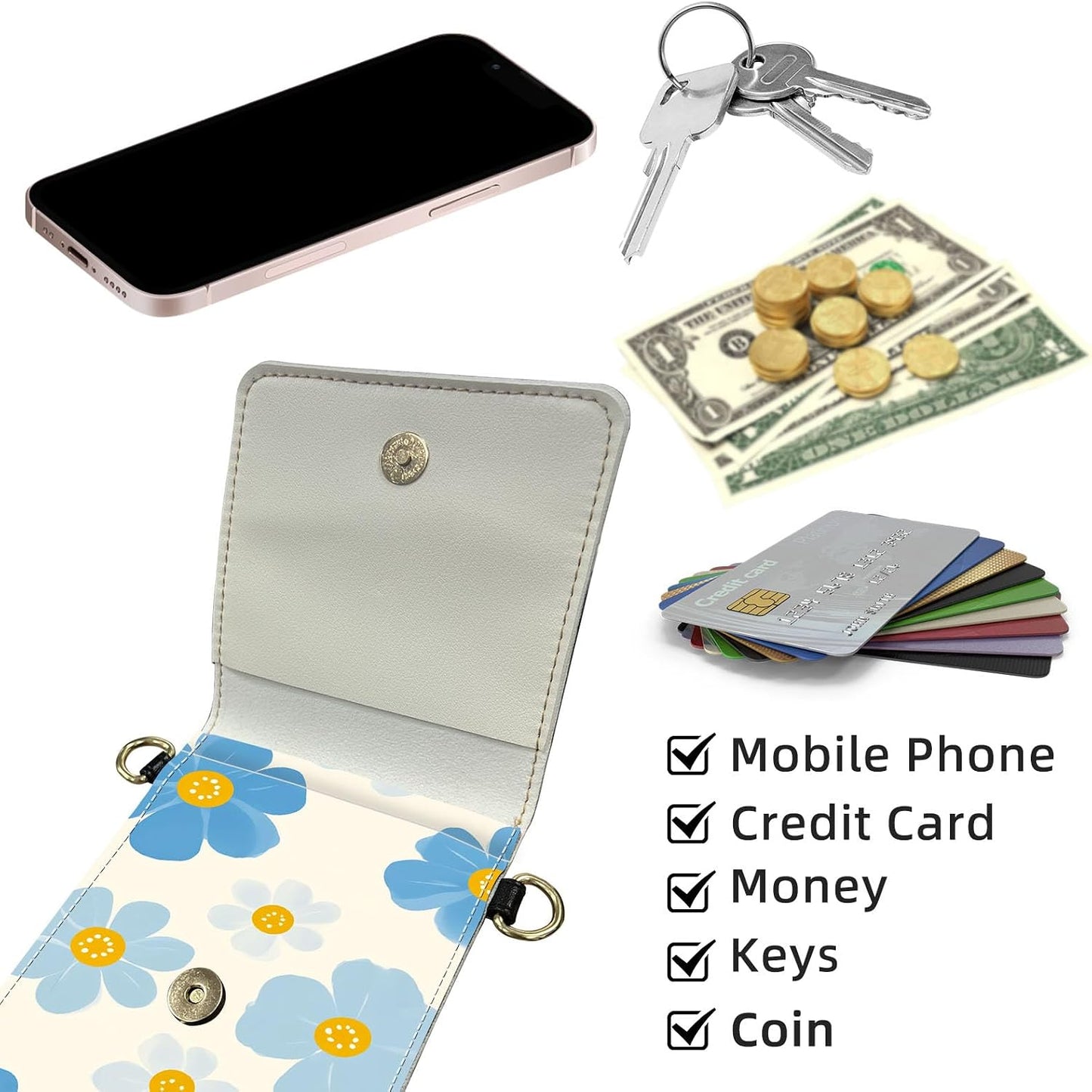 Crossbody Phone Case, Blue Flowers with Yellow Centers RFID Blocking Crossbody Bag with Card Slots & Phone Holder, Waterproof Anti-Theft Touch Screen Phone Purse for Women