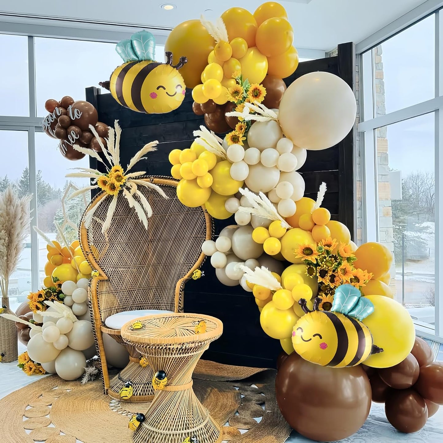 Bee Party Decorations Balloon Arch Kit,138Pcs Mustard Yellow Brown Sand White Balloon Garland with Bumble Bee Foil Balloons for Oh Babee Theme Baby Shower Birthday Party Decoration