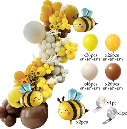 Bee Party Decorations Balloon Arch Kit,138Pcs Mustard Yellow Brown Sand White Balloon Garland with Bumble Bee Foil Balloons for Oh Babee Theme Baby Shower Birthday Party Decoration
