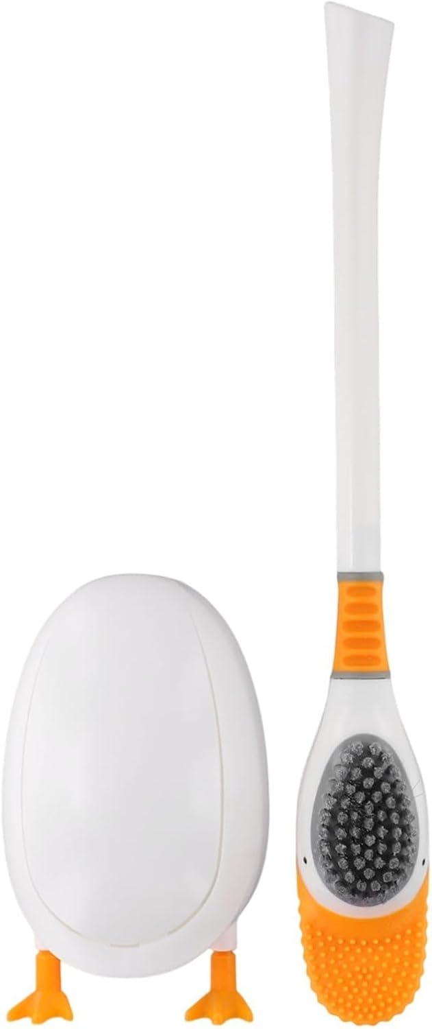 Novelty Duck Design Toilet Brush and Holder Set, Flexible Silicone Bristles, Space Saving Gravity Stand, Easy Rinse, Yellow(White)