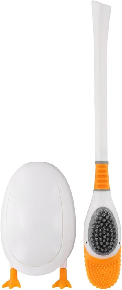 Novelty Duck Design Toilet Brush and Holder Set, Flexible Silicone Bristles, Space Saving Gravity Stand, Easy Rinse, Yellow(White)