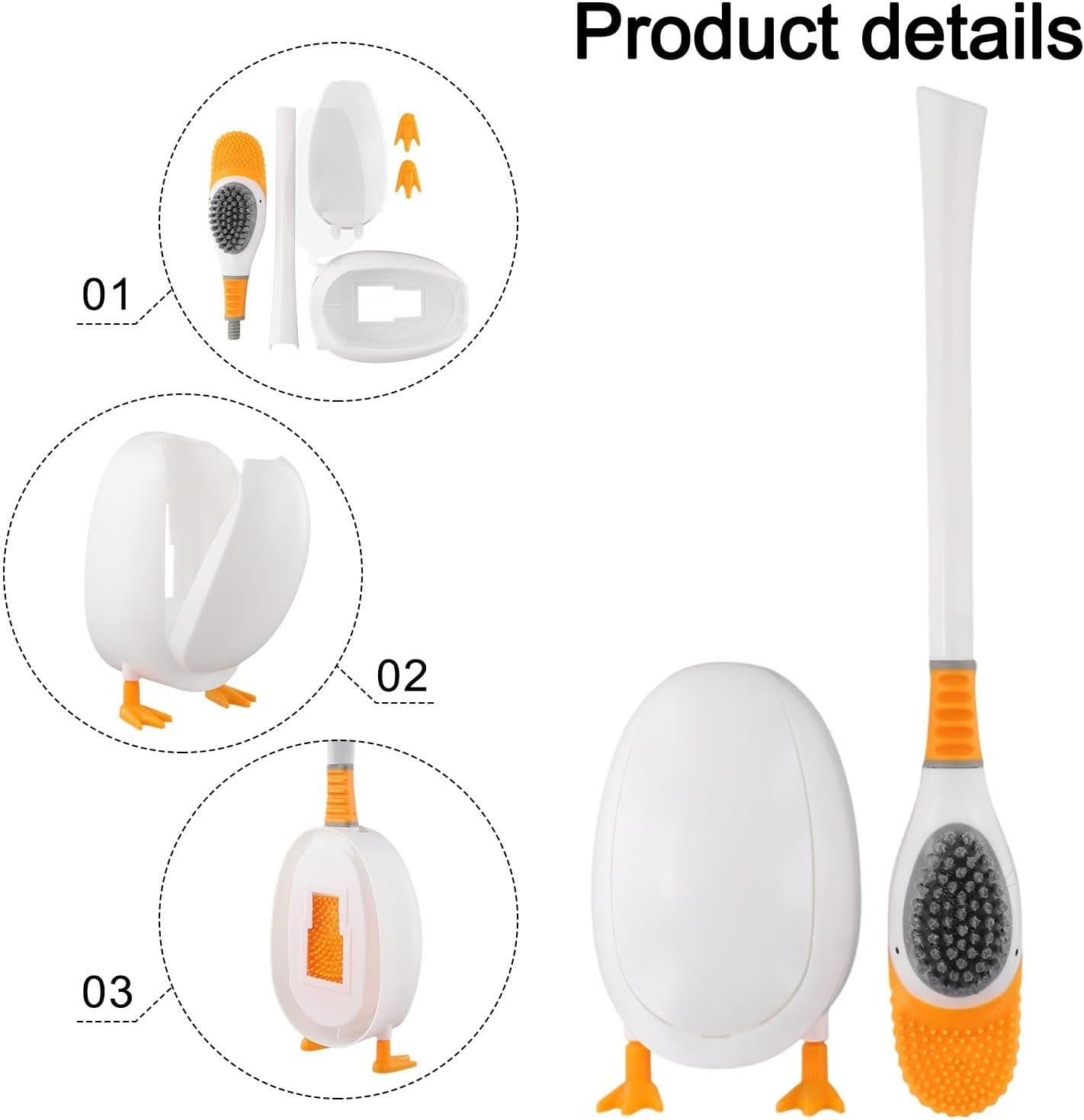 Novelty Duck Design Toilet Brush and Holder Set, Flexible Silicone Bristles, Space Saving Gravity Stand, Easy Rinse, Yellow(White)