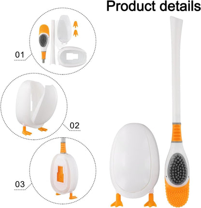 Novelty Duck Design Toilet Brush and Holder Set, Flexible Silicone Bristles, Space Saving Gravity Stand, Easy Rinse, Yellow(White)