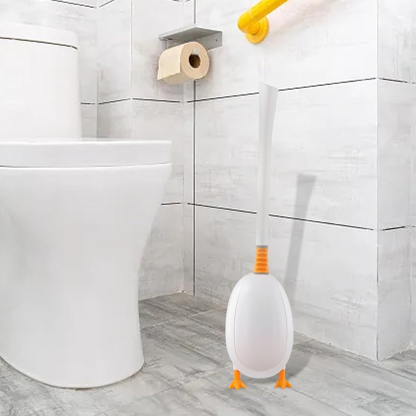 Novelty Duck Design Toilet Brush and Holder Set, Flexible Silicone Bristles, Space Saving Gravity Stand, Easy Rinse, Yellow(White)