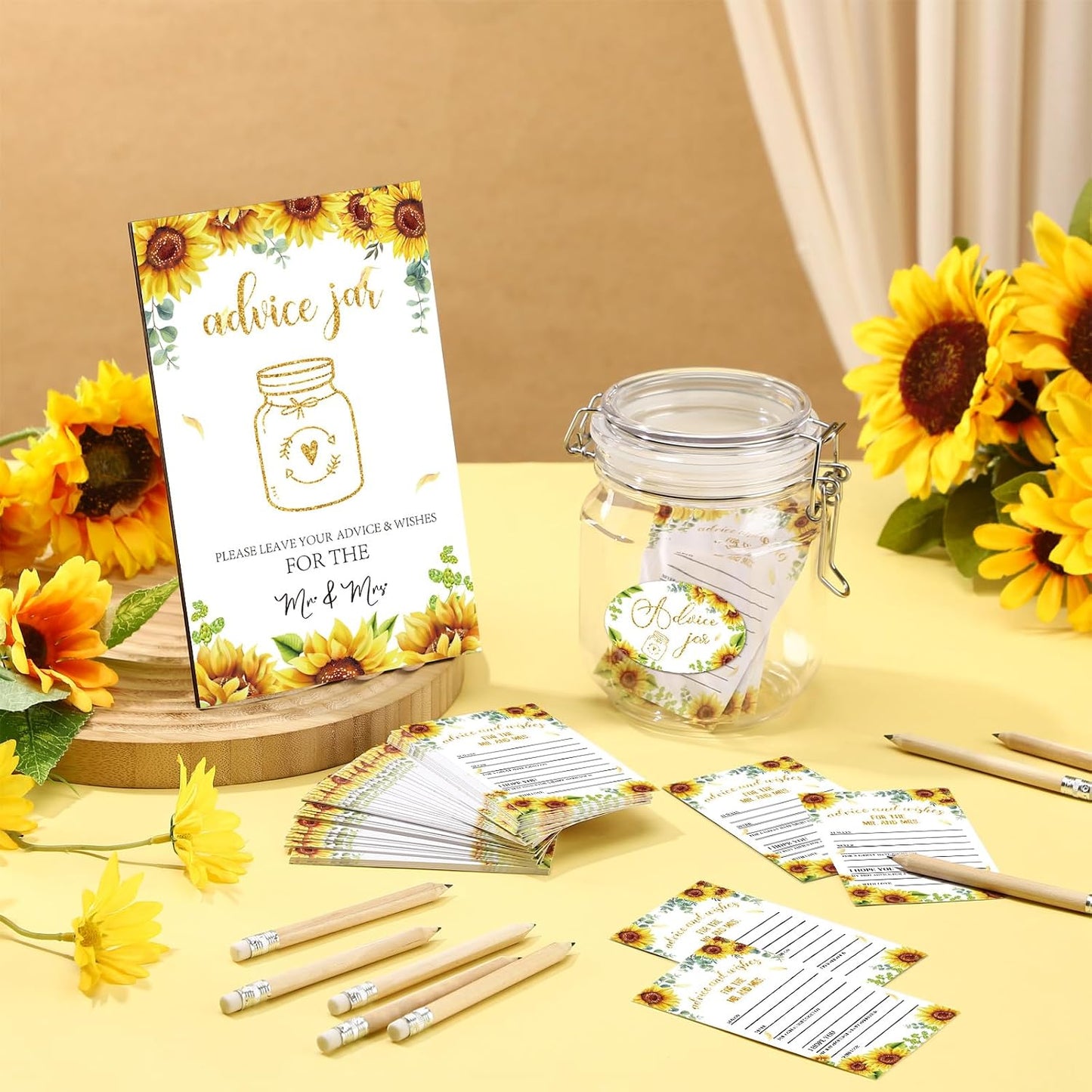 74 Pcs Advice and Wishes for the Mr and Mrs 60 Pcs Wedding Advice Cards Advice and Wishes Jar Box Bridal Shower Advice and Wishes Cards for Bride and Groom Bridal Shower Decor(Sunflower)