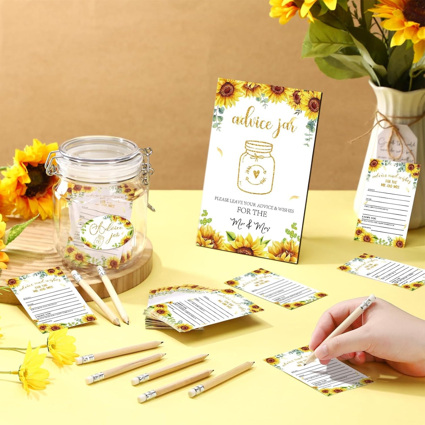 74 Pcs Advice and Wishes for the Mr and Mrs 60 Pcs Wedding Advice Cards Advice and Wishes Jar Box Bridal Shower Advice and Wishes Cards for Bride and Groom Bridal Shower Decor(Sunflower)