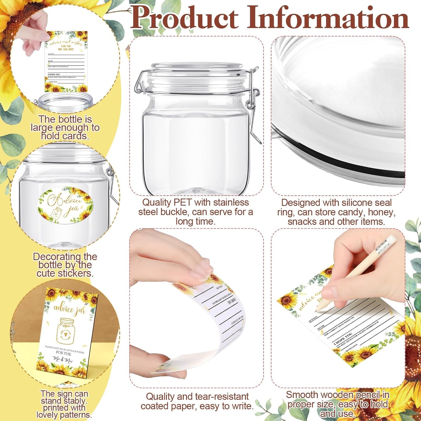 74 Pcs Advice and Wishes for the Mr and Mrs 60 Pcs Wedding Advice Cards Advice and Wishes Jar Box Bridal Shower Advice and Wishes Cards for Bride and Groom Bridal Shower Decor(Sunflower)