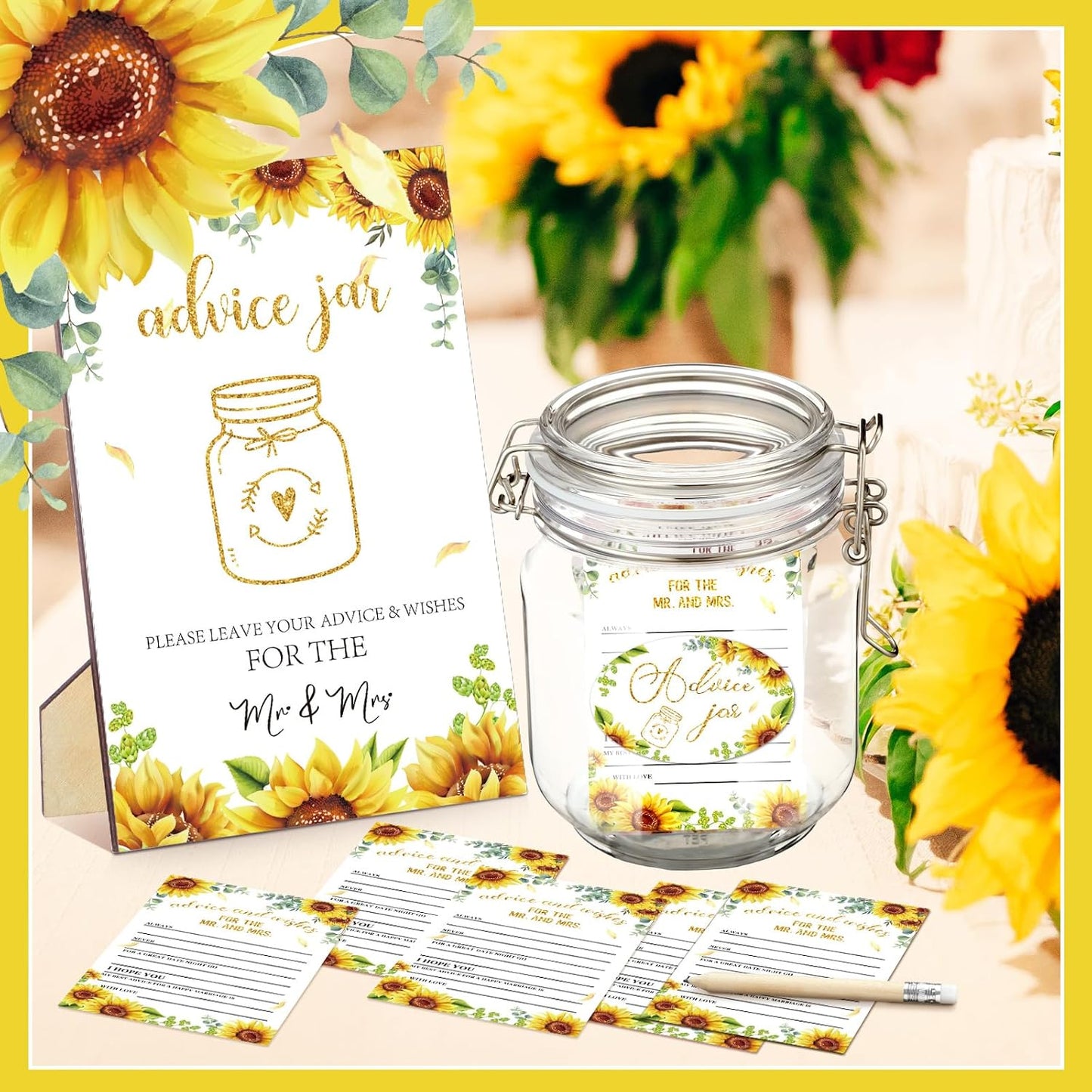 74 Pcs Advice and Wishes for the Mr and Mrs 60 Pcs Wedding Advice Cards Advice and Wishes Jar Box Bridal Shower Advice and Wishes Cards for Bride and Groom Bridal Shower Decor(Sunflower)