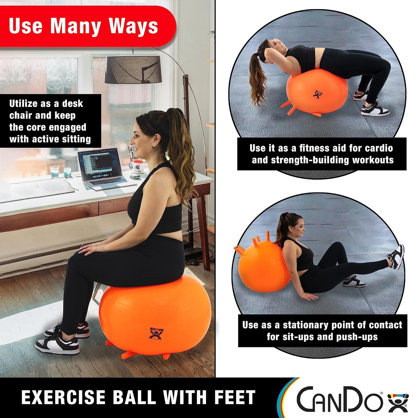 30-1891 Non-Slip Inflatable Exercise Ball with Stability Feet for Exercise, Workout, Core Training, Yoga, Pilates, Active Sitting in Gym, Office, Home or Classroom. Yellow 18"